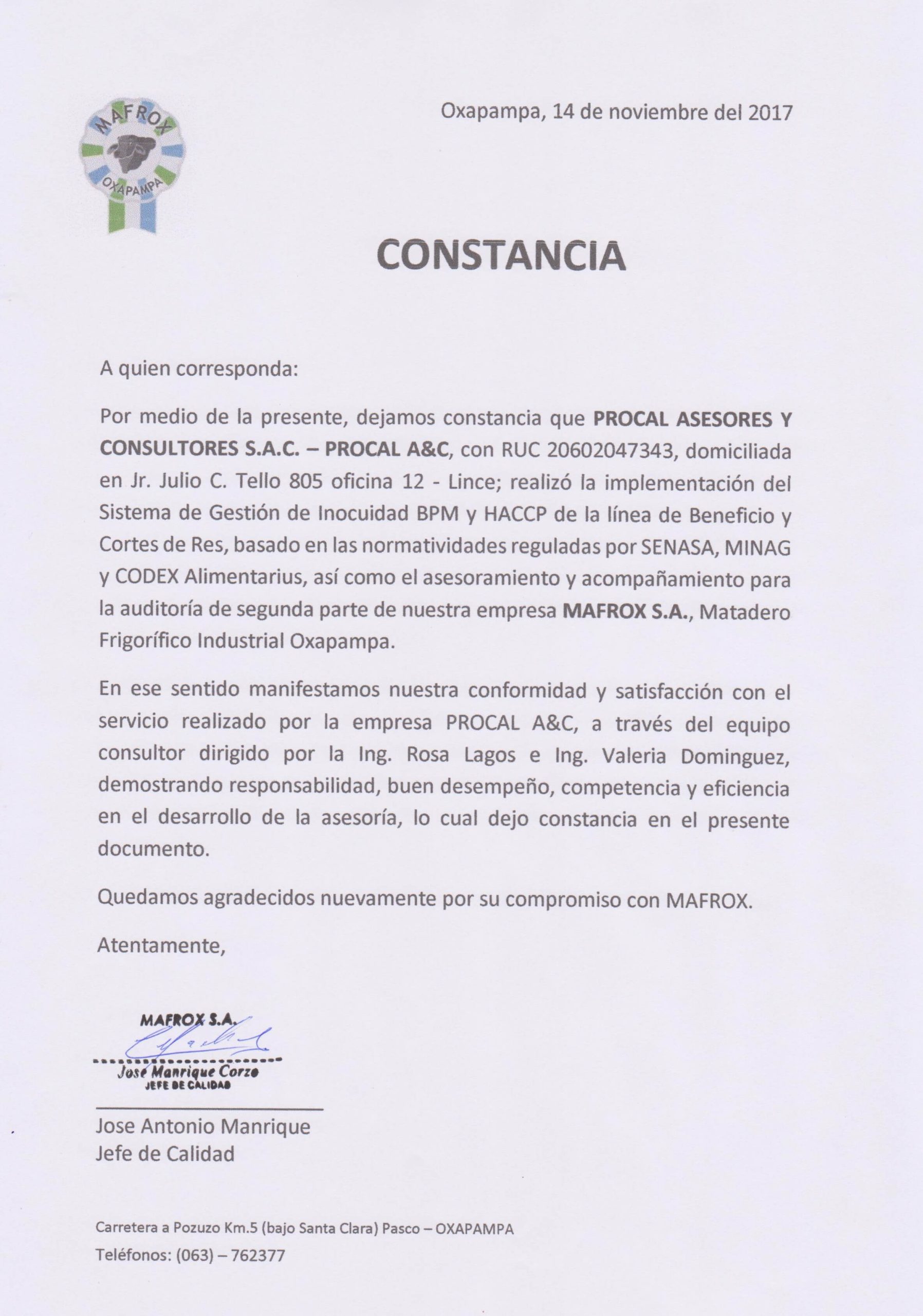 Constancia de Implementación HACCP 14