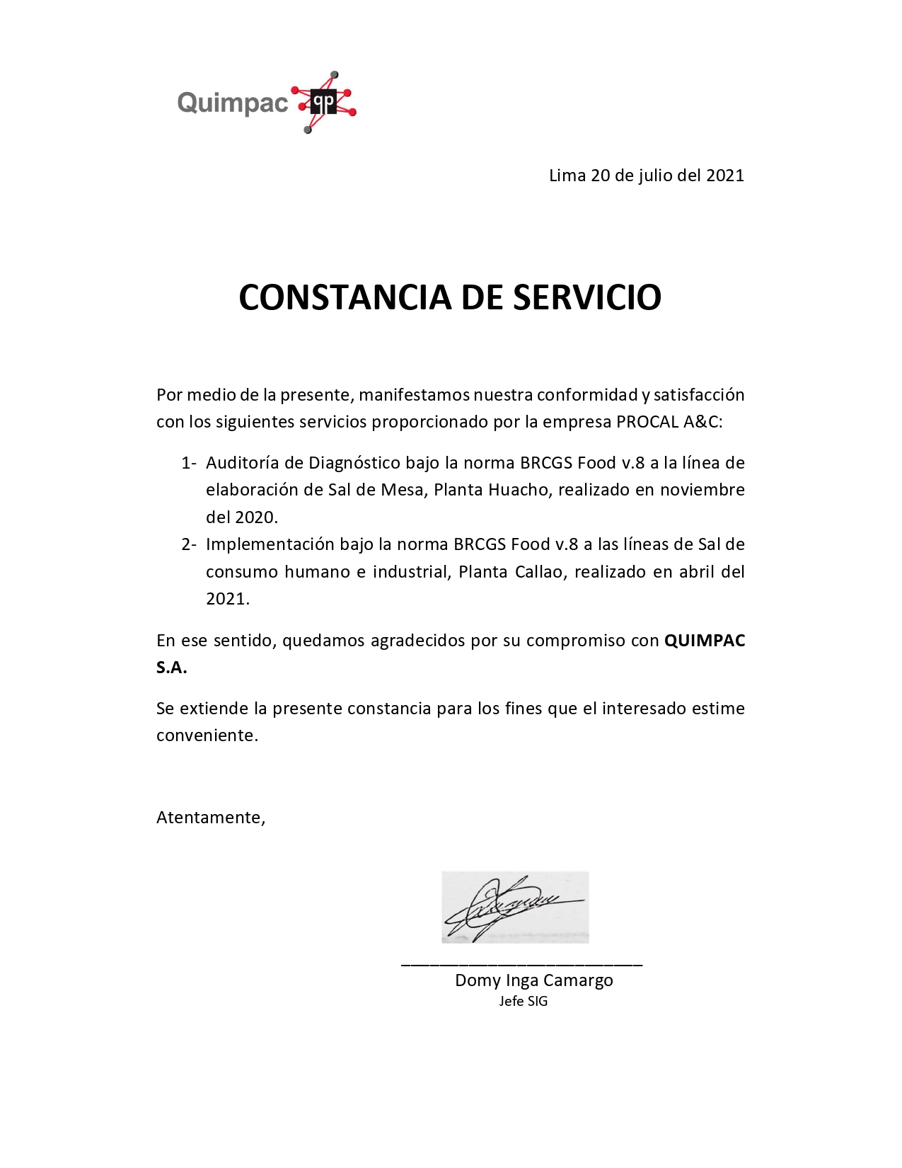 Constancia de Implementación HACCP 33